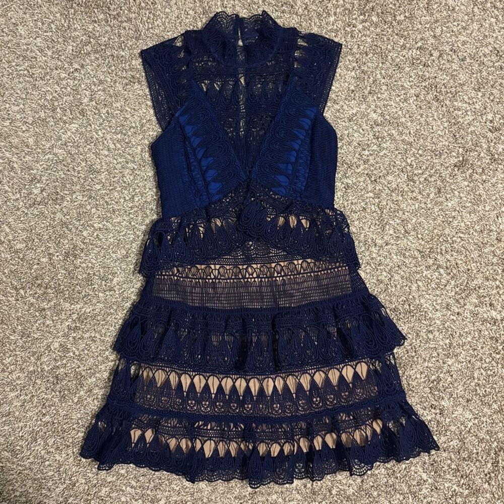 Self Portrait Teardrop Paneled Guipure Lace Mini Dress Holiday Blue Size 4 - Picture 4 of 11